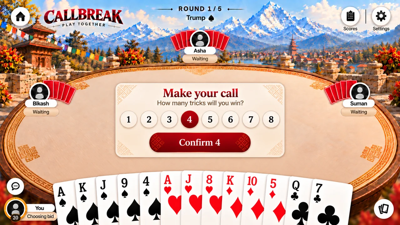 Nepali Callbreak bidding phase: Make your call selection