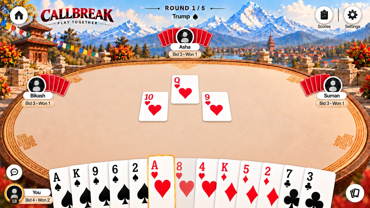 Nepali Callbreak live gameplay trick and held 13-card hand