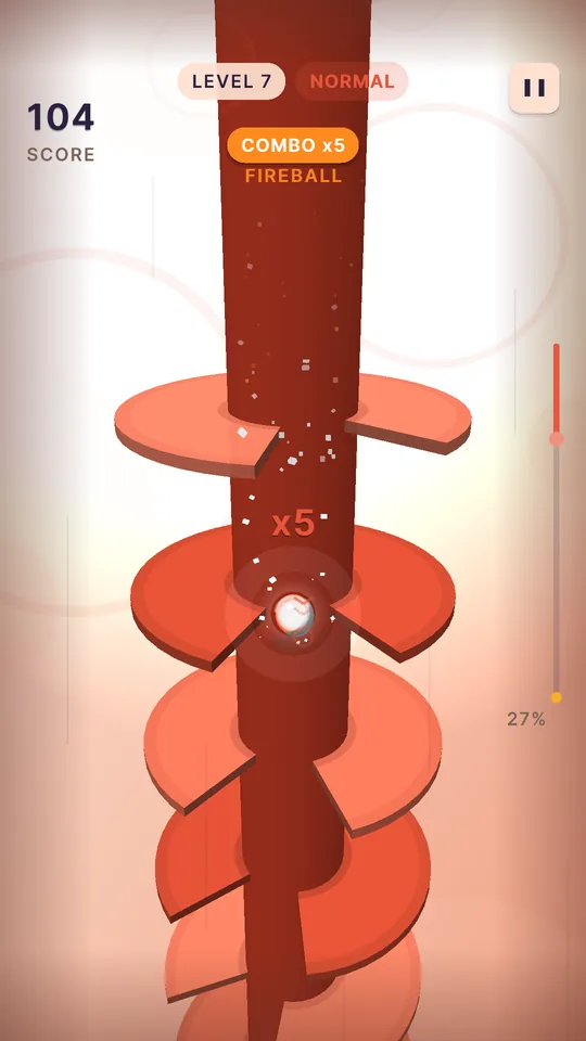 Helix Fall gameplay: a five-combo fireball dropping through a coral tower