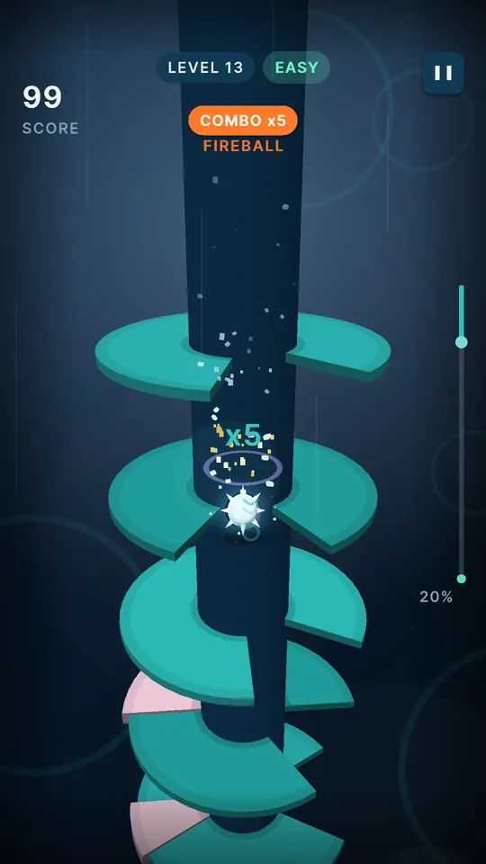 Helix Fall gameplay with the spiky Glacier ball on a teal tower