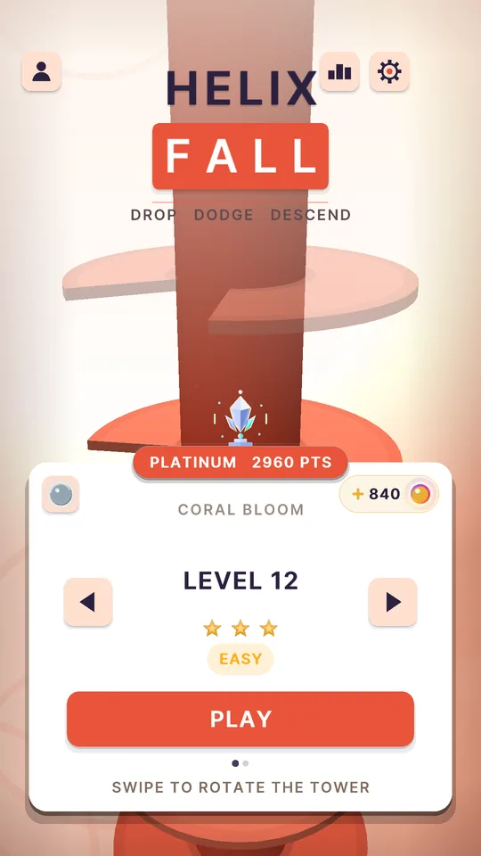 Helix Fall level select showing level 12 on Easy with three stars