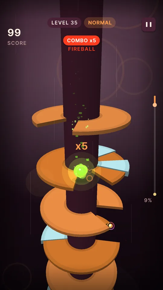 Helix Fall gameplay with the glowing green Toxin ball on an orange tower