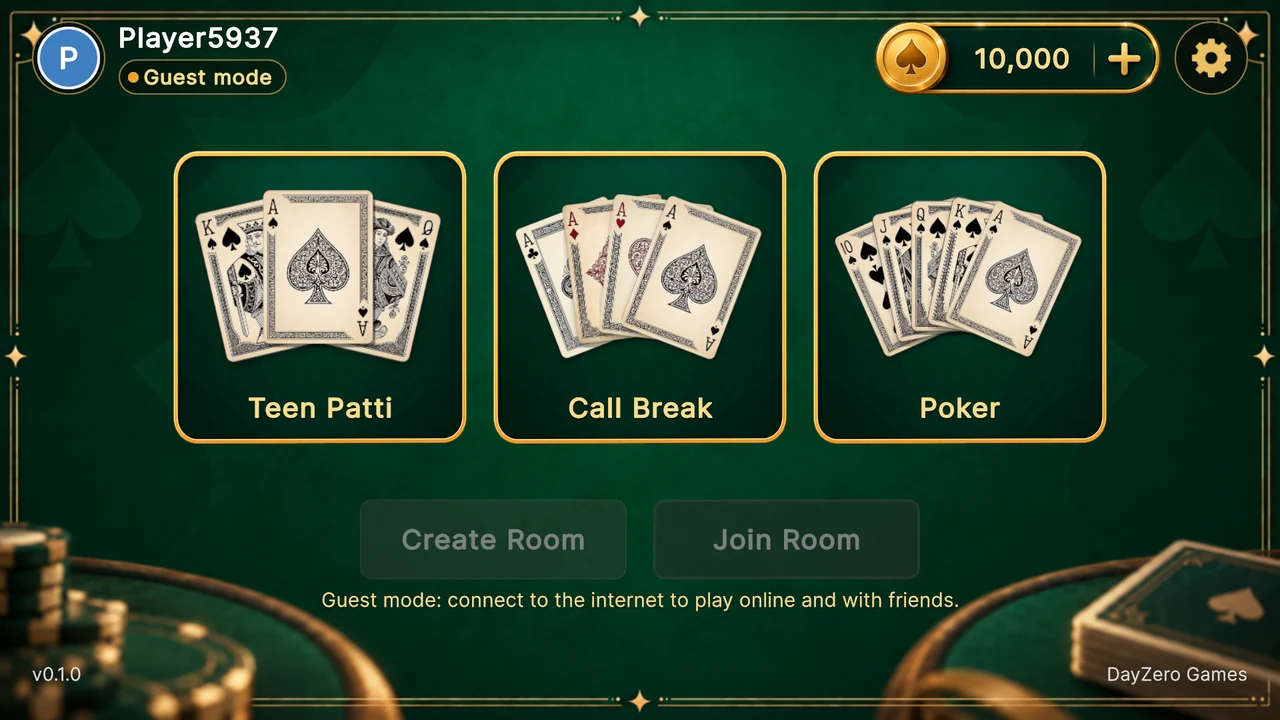 Playing Cards main lobby: select Teen Patti, Call Break, or Poker