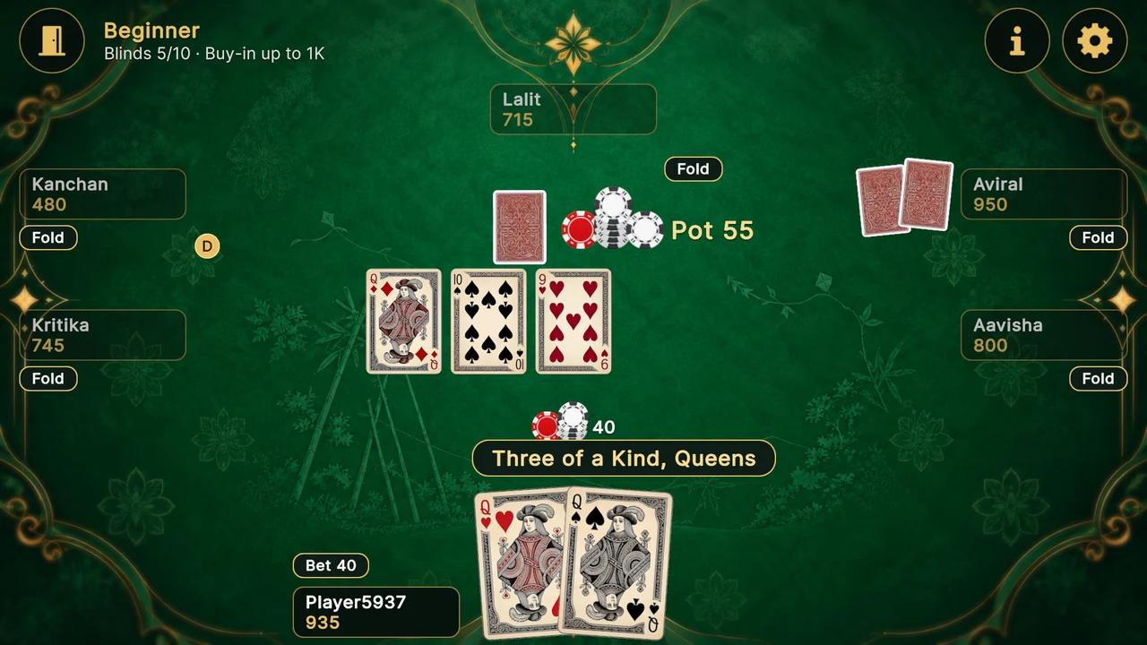 Texas Hold'em Poker table: hole cards, community flop, turn, and river