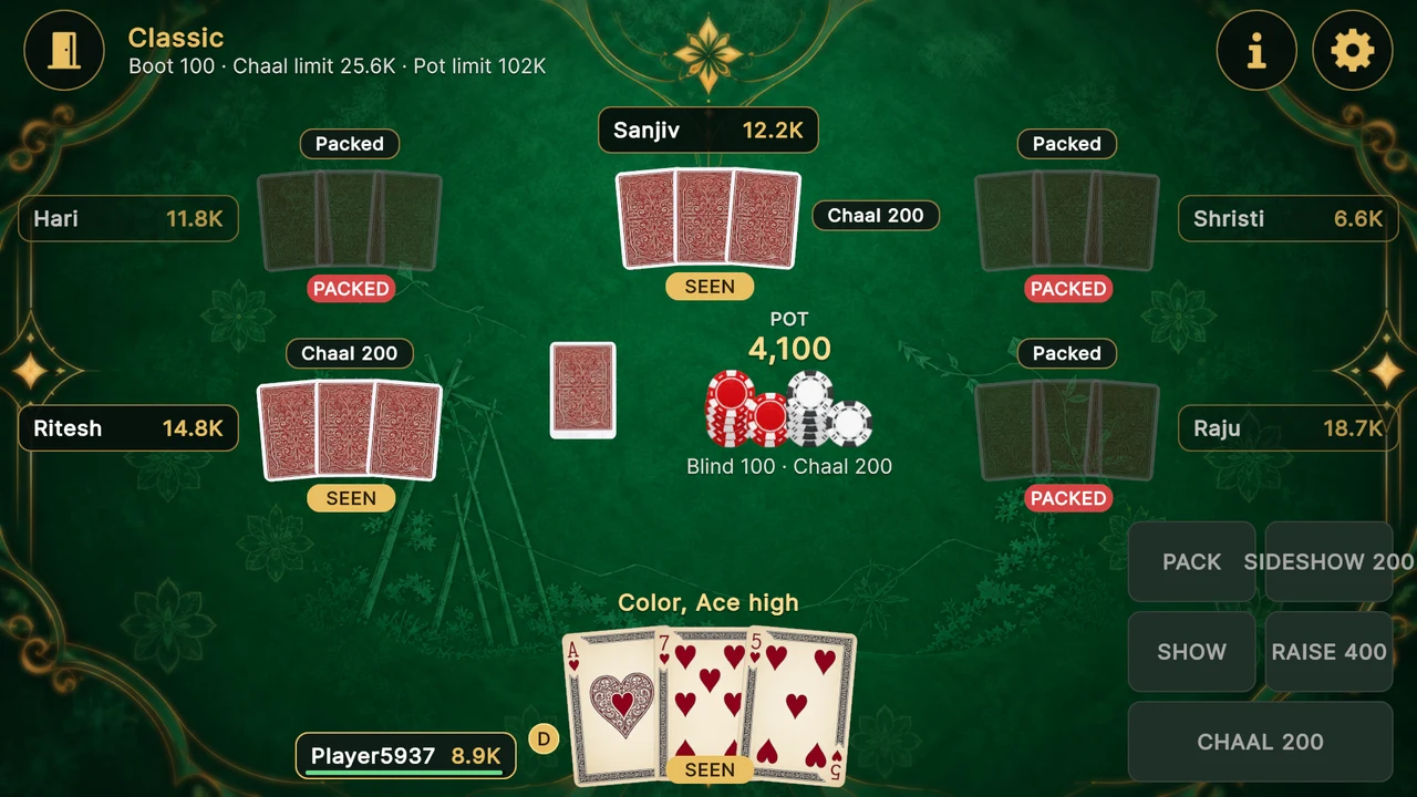 Teen Patti gameplay: 3-card Indian poker with blind, chaal, and chip pot