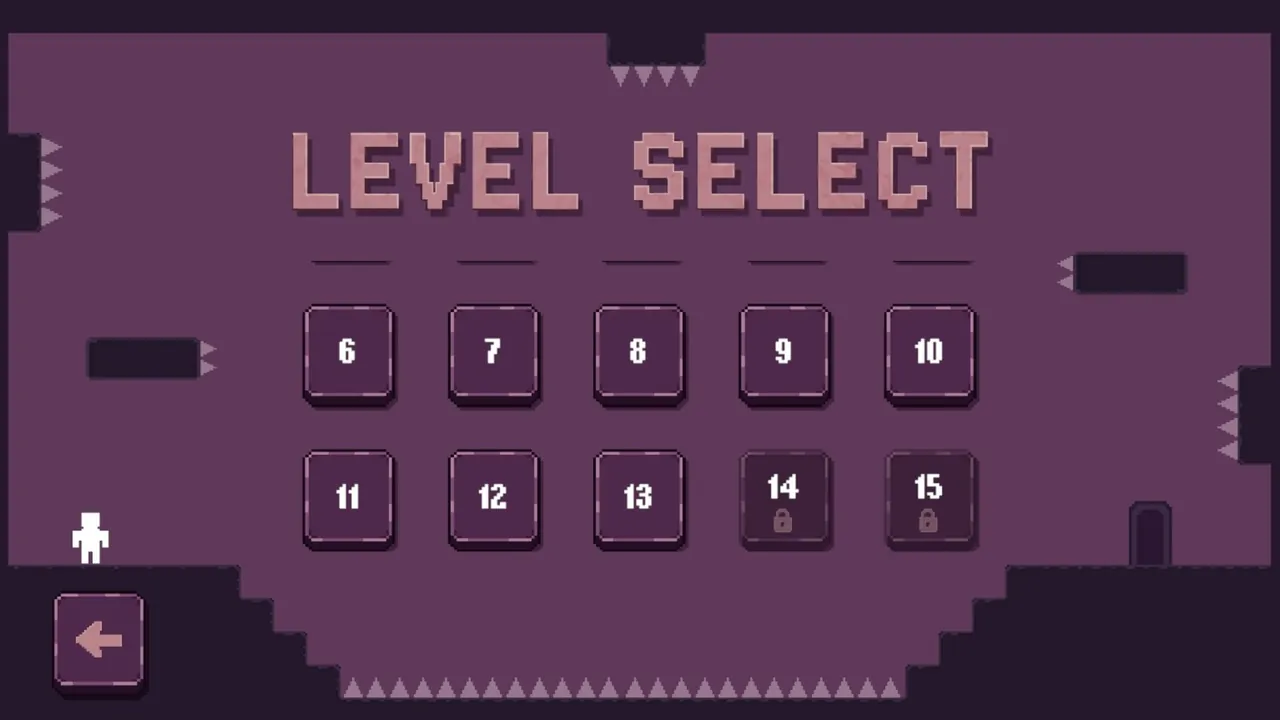 Plummet level select with levels 6 to 13 open and 14 and 15 locked