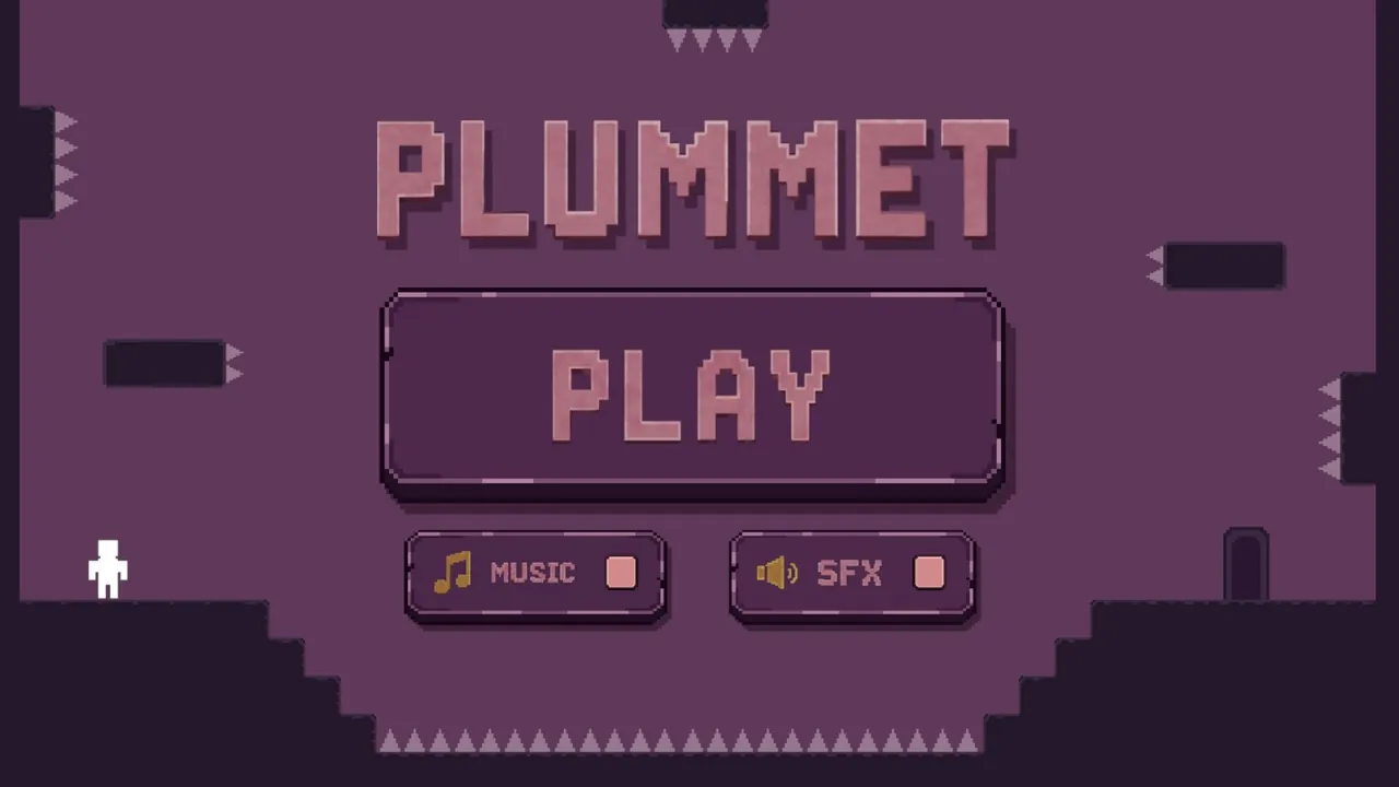 Plummet title screen with Play, Music and SFX buttons