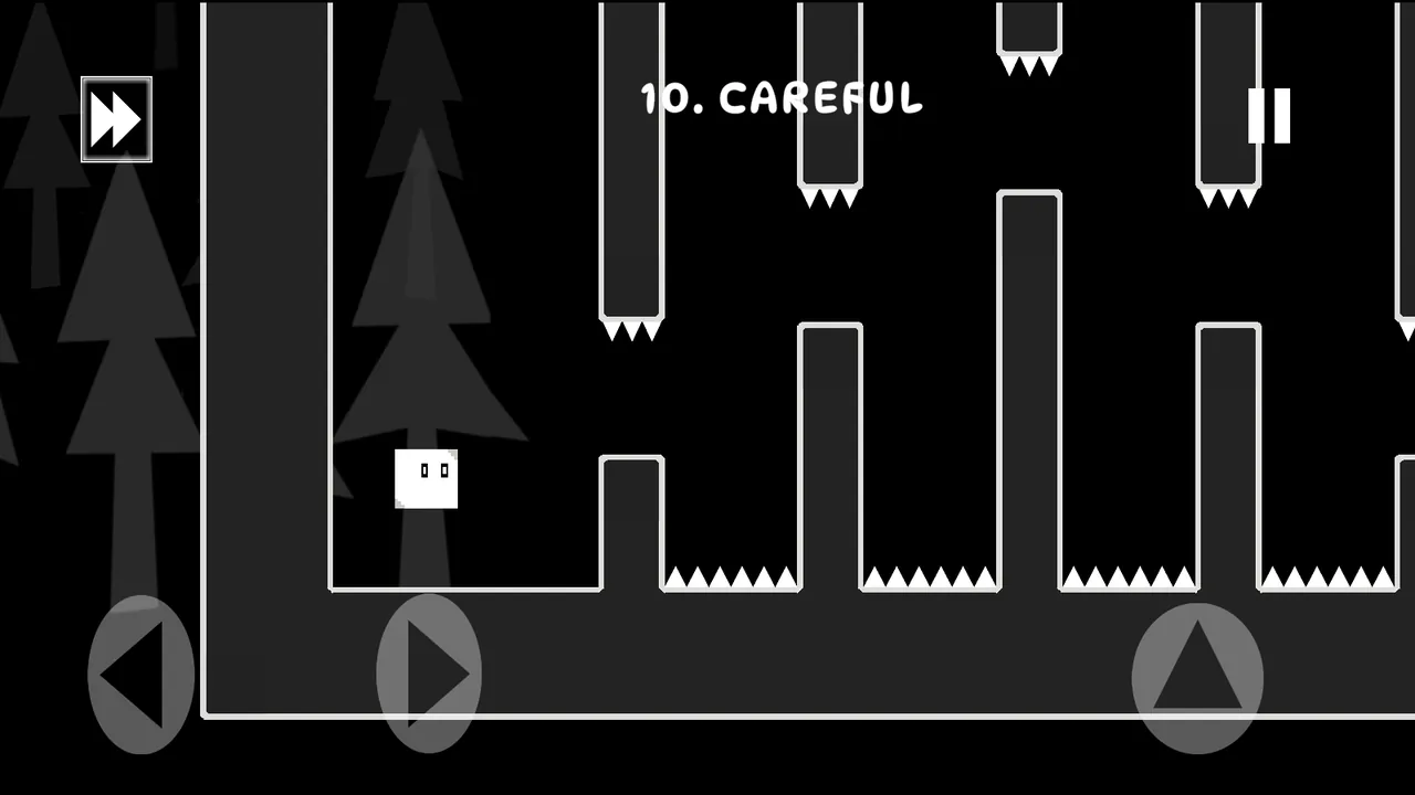 WhiteKube level 10, Careful: spike pits between tall pillars in a dark forest